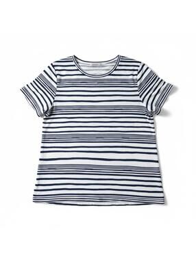 Alfred Dunner Top Womens L Striped Short Sleeve Beaded Crew Neck Navy White